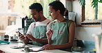People, discussion and clipboard in cafe with phone, online order or plan for inventory management. Team, talk and digital tech in coffee shop with checklist, hospitality service or menu development.