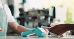 Hands, phone and pos for order at coffee shop with easy payment, click and paperless transaction. People, server and customer experience with drinks, smartphone and fintech app with cups at cafe