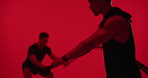 Man, kettlebell and bodybuilder in studio for exercise with gear, strength training or equipment. People, neon and weightlifting with swing for power, battle ropes or intense workout at fitness club