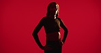 Face, fitness and rest with black woman in studio for training break or workout recovery. Exercise, relax and space with tired athlete isolated on red background for commitment, dedication or health
