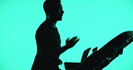 Running, treadmill or man with fitness, green screen or cardio workout on studio background. Runner, energy or healthy person with machine, equipment for exercise or challenge for wellness or speed