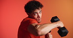 Man, face and dumbbells in studio with fitness for punching, power or training on orange background. People, exercise and martial arts with weightlifting, strong or workout for fight at gym in Mexico