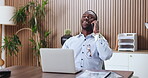 Laptop, phone call and smile with business black man in office for finance, planning or research. Computer, conversation and update with happy employee in financial workplace for wealth management
