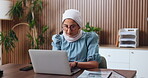 Laptop, typing and smile with business Muslim woman in office for account, budget and planning proposal. Market research, online report and review with employee for revenue, profit and funding