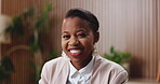 Realtor, face or black woman in office with smile, career or ambition as property seller. Happy, portrait or real estate agent in workplace with pride, about us or confidence in housing industry.

