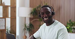 Face, headset and laptop with black man in call center for assistance, help or online support. Computer, customer service and smile of happy African employee in office for contact or feedback