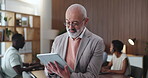 Mature man, tablet and team in office for planning, project management and meeting notes. Startup, creative and business person on digital tech for online proposal, website review and agenda feedback