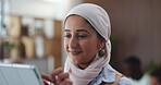 Tablet, typing and smile with business Muslim woman for planning, budget review and research. Online report, account manager and broker with employee in office for funding balance and revenue