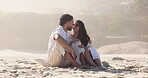 Travel, relax or couple at beach with connection, commitment or bonding together on summer break. Peaceful, man or woman with sunshine, romantic date or healthy relationship on ocean vacation.