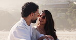 Travel, relax or couple at beach with conversation, commitment or bonding together on summer break. Peaceful, man or woman with sunshine, romantic connection or healthy relationship on ocean vacation