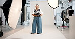 Photographer, face or woman in studio with camera, pride or job goals in media agency. Confidence, portrait or cameraman on set with photoshoot equipment, career or experience in film industry.