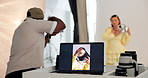 Studio, photoshoot and picture on laptop screen, online and creative for fashion magazine on website. Photography, display and photographer with model, media production and people with tech for image