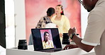 Hands, laptop and camera in studio for photography, review and behind the scenes at media company. Person, photographer and fashion with computer, photoshoot or production process at creative agency