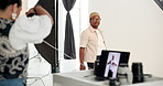 Laptop screen, photographer and people in studio, photoshoot and catalog selection. Magazine agency, man or woman in workplace, equipment or pc for visual project, creativity or production process