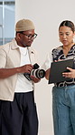 People, photographer and camera with clipboard in studio for planning, agenda and timeline. Team, talking and review checklist for production, rehearsal script and casting information for photoshoot 