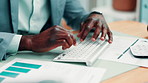Hands, keyboard and man with investment, graphs for budget report and data analysis. Investor, typing and person in office, payroll audit and finance charts for revenue and stats for profit increase