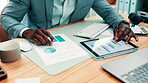 Businessman, hands and document in office with tablet, data analysis, financial report and research. Person, paperwork and tech in workplace with finance statistics, graphs and planning for audit.