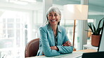 Happy, face or woman in office with arms crossed, pride or ambition as investment advisor. Smile, portrait or mature financial consultant with confidence, career or experience in risk management.