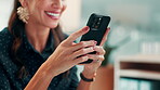Woman, hands and browsing in office with phone, text message and notification for social media post. Person, smile and scroll in workplace with tech, website and mobile app for digital communication.