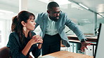 Business, people and mentor with computer in office for training, finance report and bookkeeping. Team, discussion or coaching with pc for budget planning, financial audit and guidance for investment