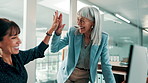 High five, investor and women in office, smile and celebration for investment deal. Cooperation, financial advisor and people in workplace, excited and gesture for revenue increase and achievement