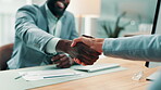 Document, meeting or people with handshake in office, partnership agreement or joint venture contract. Deal, collaboration or staff with investment project merger, shaking hands or profit opportunity
