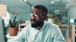 Businessman, research and reading in office with computer, data analysis and reflection for stats. Black person, glasses and desktop in workplace with financial performance, graphs review or insight.