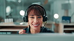 Call center, headset or woman in office with computer, contact us or advice in crm service. Professional, mic or mature consultant in agency with tech, online assistance or feedback in client support