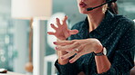 Call center, headset or hands in office with help, contact us or advice in crm service. Advisory, woman or consultant in agency with microphone, online assistance or feedback in client support.
