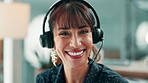 Call center, face or woman in office with headset, contact us or advice in crm service. Advisory, portrait or agent in workplace with microphone, online assistance or feedback in client support.