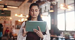 Hospitality, scroll or woman in cafe with tablet, website review and inventory management with sales track. Digital, stock checklist and owner with tech, online order or menu update on restaurant app