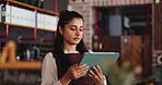 Hospitality, scroll or woman in bistro with tablet, website review or inventory management with sales track. Digital, stock checklist or owner with tech, online order or menu update on restaurant app
