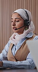 Call center, laptop and Muslim woman with headset, talk and discussion with contact or telemarketing. Coworking, consultant and person with hijab, lead generation and communication with mic for sales