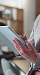 Fashion, tablet or hands in office with scroll, industry research or clothing draft in creative process. Coworking, mature man or designer with tech, style development or trend review for catalog.