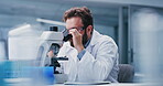 Microscope, research and science with man in laboratory for development or investigation. Analysis, goggles and medical sample with professional scientist at work on clinical trial or experiment