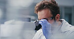 Lab, medical research and man with microscope, healthcare or cell analysis for treatment development. Scientist, innovation and person with equipment for experiment, medicine and clinical trial