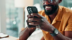 Creative agency, smile and black man in office, smartphone for social media and email for news report. African person, cellphone or journalist in workplace, article publication and message to contact