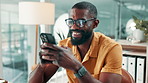 Creative agency, smile or black man in office, cellphone for social media or email for article. African person, smartphone or journalist in workplace, column publication and message to contact or app