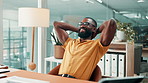 Black man, done and happy with computer at startup with project management, relief and glasses at company. African person, writer and finish report with smile, proposal and pc at creative agency