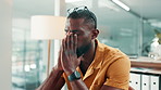 Black man, stress and eye strain with computer at office with pain, mistake and tired at media company. African person, frustrated and exhausted with pc, glitch or burnout with glasses at agency