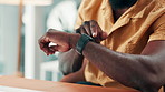 Hands, smart watch and click in office for reminder with schedule, time management or deadline. Person, iot clock and timer for task, project or check notification with application at creative agency