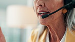 Mouth, woman and talk with mic at call center for consultation, contact client and customer service. Mature agent, headset or discussion for virtual assistance, online advice and feedback for telecom