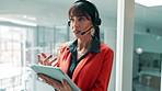 Call center, headset or woman in office, tablet or consultation for help desk. Mature person, telemarketing or employee in workplace, conversation or contact us for customer service, internet or tech