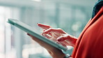 Woman, hands and research with tablet for checklist, online report or performance review in office. Female person, employee or designer scrolling with technology for project agenda or development