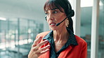 Call center, headset and woman in workplace, conversation and connection for help desk. Advice, telemarketing and mature person in office, discussion or contact us for customer service or internet