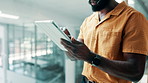 Black man, hands or consulting with tablet in office for telecommunication, advice or help. Male person, consultant or agent talking with techhnology or mic for virtual assistance or customer service
