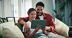 Relax, happy and couple on sofa with tablet for subscription, online streaming and movie website. Dating, home and man with woman on digital tech for internet videos for bonding, love and on weekend