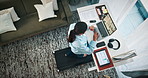 Remote work, laptop and above of woman on treadmill for web design, research and brand campaign. Freelance, home and person on walking pad with computer for website ui, online project and planning