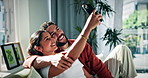 Happy couple, relax and sofa with selfie in home for social media, post or bonding together. Man, woman or smile with hug or love on couch for capture moment, photography app or picture in house
