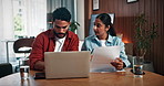 Home, documents and couple on laptop for finance review, budget planning and savings for future. Marriage, house and man with woman on computer for financial report, online payment and mortgage bills